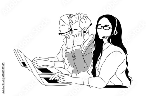 Customer service, call center concept. Online technical support, Hotline operators, virtual assistants, office workers with headsets. Multiethnic, diverse team. Modern vector outline illustrations.