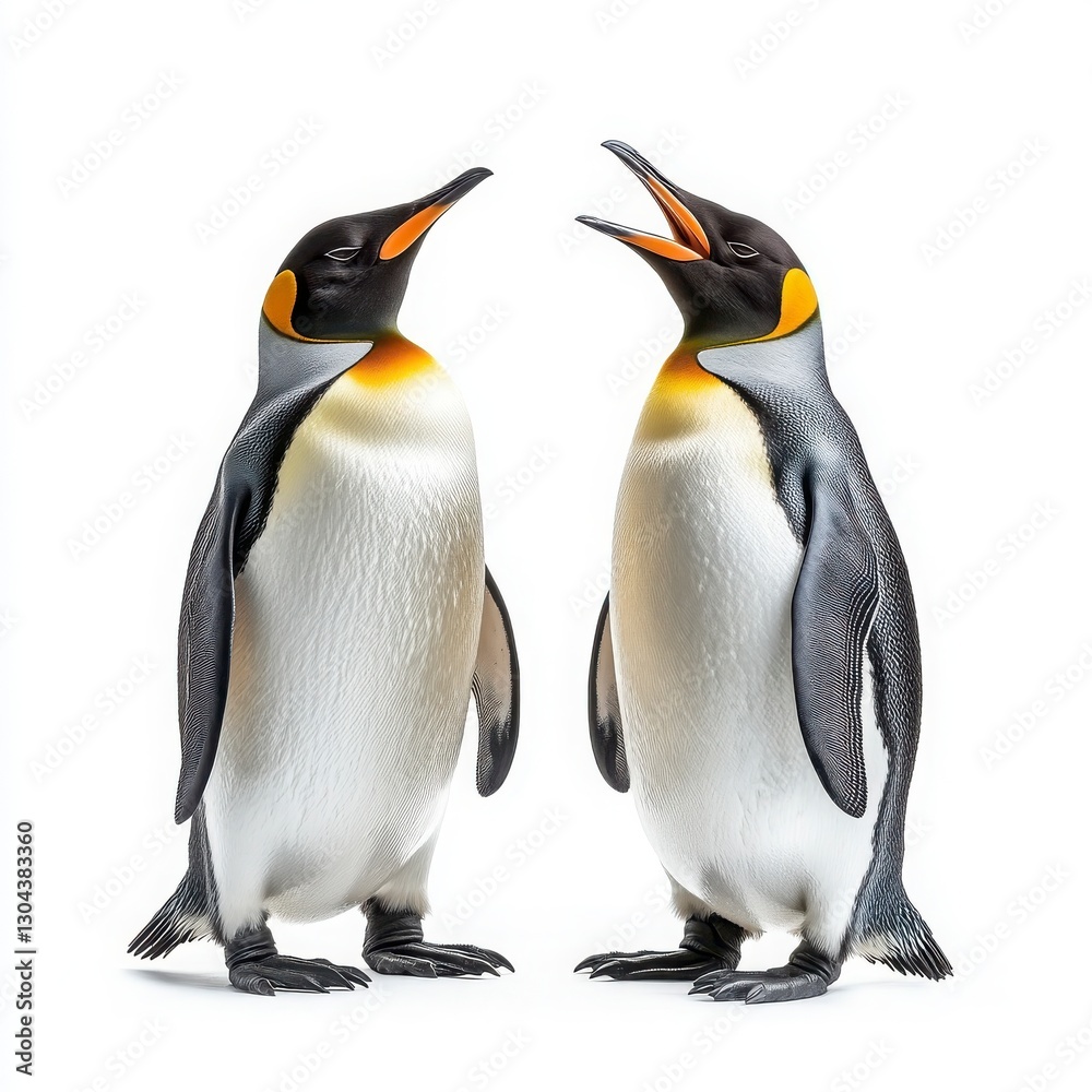 Fototapeta premium Two playful penguins cheerfully interacting, showcasing their vibrant features and distinct postures in a lively, engaging manner.
