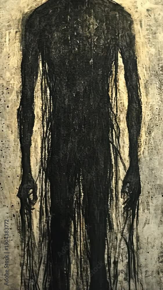 Dark figure with elongated limbs and texture in mixed media artwork ...