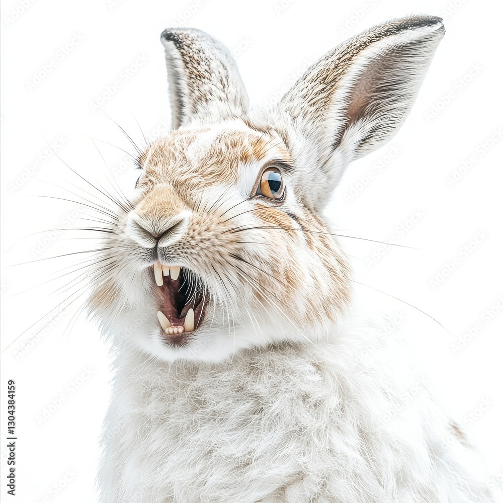 Obraz premium Angry rabbit portrait with sharp teeth in surreal expression, surreal angry rabbit showing teeth in humorous concept, expressive angry rabbit face with sharp teeth for creative content