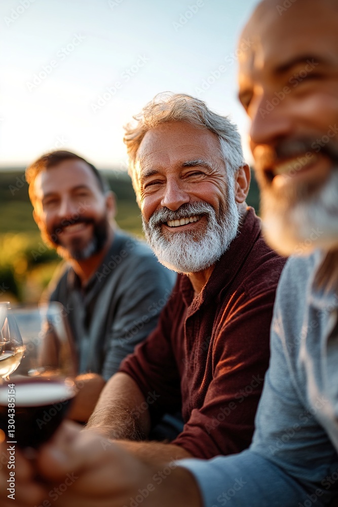 Three generations of men share laughter and stories while enjoying a private wine tasting at a picturesque vineyard, surrounded by stunning hills in soft golden light Three generations of men share laughter and stories while enjoying a private wine tasting at a picturesque vineyard, surrounded by stunning hills in soft golden light