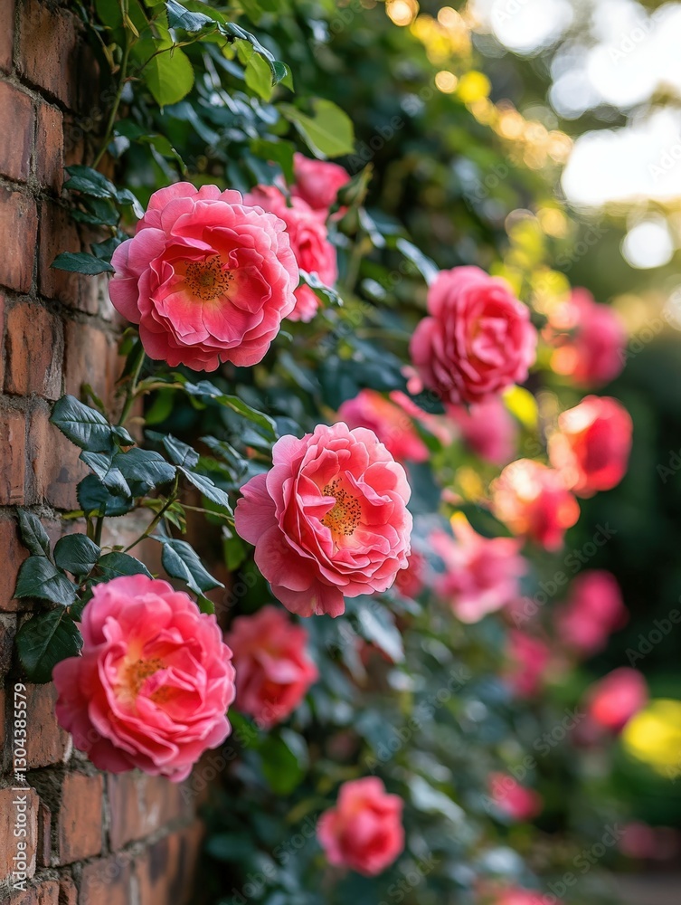 Fototapeta premium Beautiful pink roses blooming on a brick wall during sunset