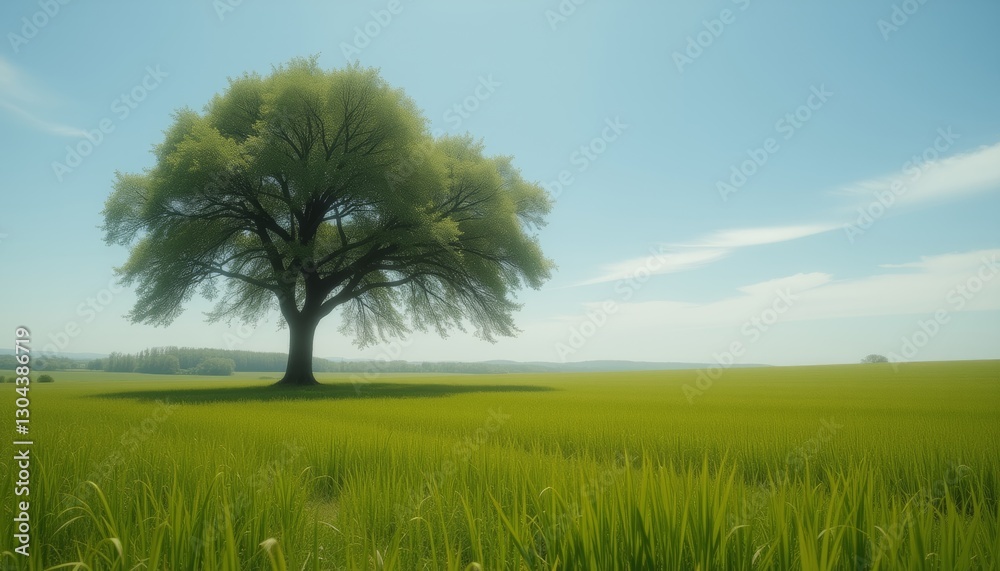 A solitary tree stands in a vast green field under a clear sky A solitary tree stands in a vast green field under a clear sky