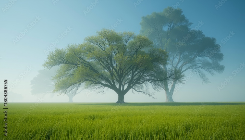 Obraz premium Two trees with green foliage in a grassy field shrouded in mist