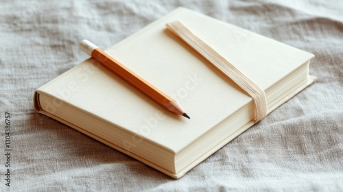 Cream-colored notebook and pencil on a soft beige background, subtle and sophisticated style.