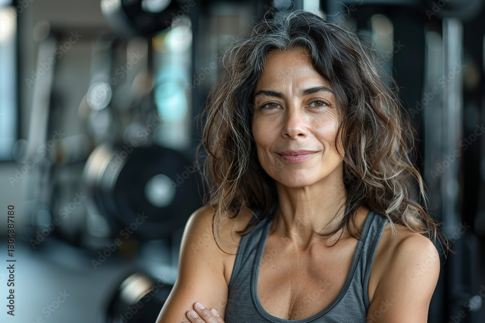 Fototapeta premium Portrait of strong mature woman in gym with weights representing fitness lifestyle health and active aging, concept: woman, fitness, gym, health,