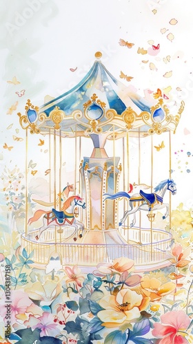 Wallpaper Mural Whimsical carousel in gold watercolor amidst flowers Torontodigital.ca