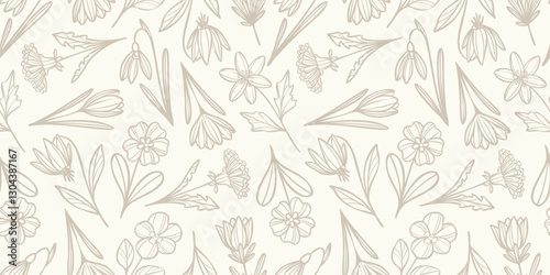 Warm neutral spring flower doodles elegant vector floral background, seamless repeating pattern with illustrated wild plants, repeat tile
