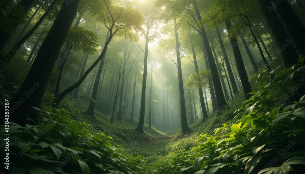 Obraz premium Sunlight Streaming Through a Misty Forest