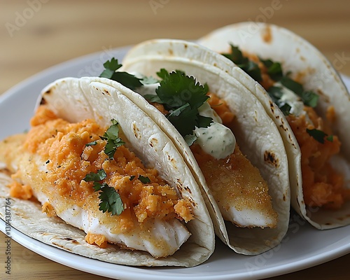 Fish tacos served on plate atop wood surface