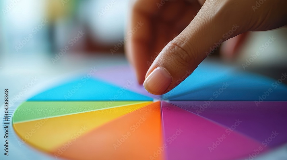 Fototapeta premium A close-up shot reveals a hand delicately pressing a finger against a meticulously crafted pie chart, the vibrant colors and precise lines hinting at the data is significance. A blank space to the