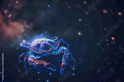 Abstract illustration of crab in space with stars and nebulae representing zodiac sign Cancer astrology and cosmic art, concept: crab, cancer, zodiac, astrology, space