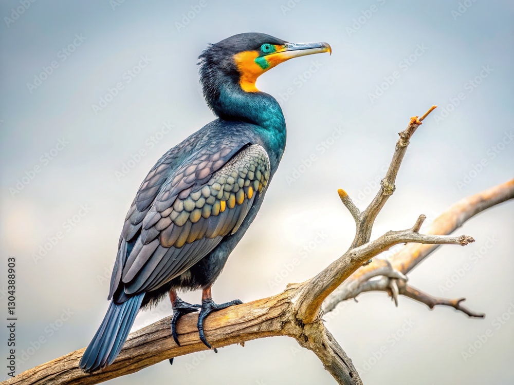 Fototapeta premium Cormorant perched on a dead tree branch in the wild, nature wildlife photography