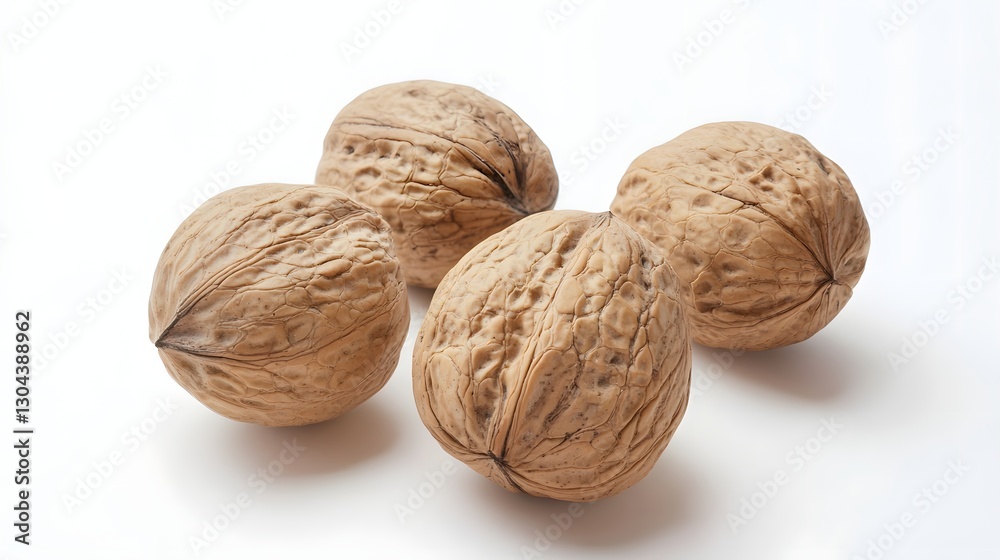 Raw Whole Walnuts Displayed on a White Background in Natural Light Raw Whole Walnuts Displayed on a White Background in Natural Light