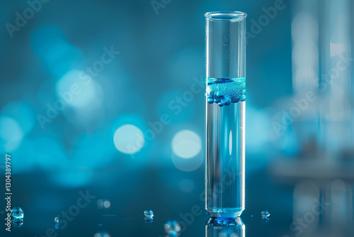 Test tube with blue liquid and bubbles, concept: science, research, and laboratory testing, science, chemistry, medicine, or laboratory research.