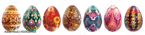 A row of colorful Easter eggs with different patterns and designs, isolated on a white background. photo