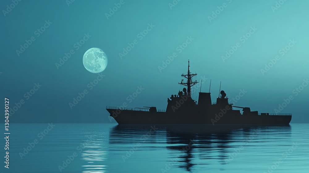 Obraz premium silhouette of a modern navy destroyer against a calm sea, with a subtle moon in the background, 16:9