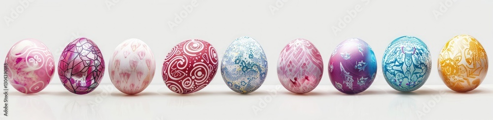 Row of vibrant colorful Easter eggs on a white background. Row of vibrant colorful Easter eggs on a white background.