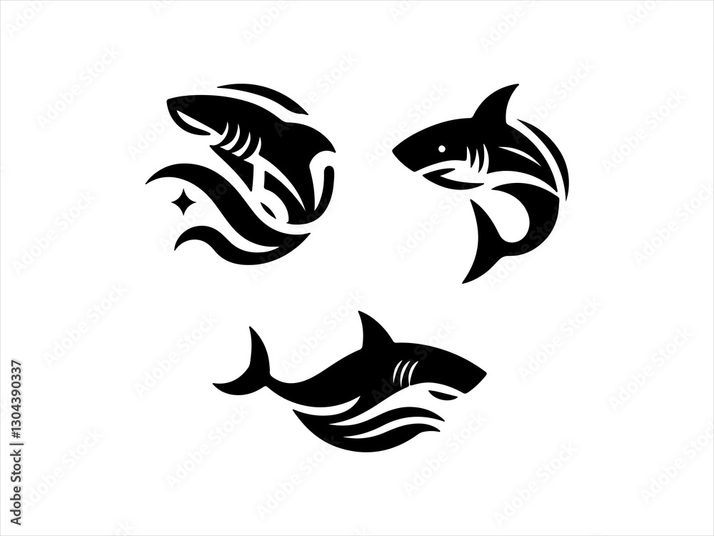 Collection of Powerful Shark Logos for Branding , A set of nine bold, black shark logos suitable for various branding purposes. Collection of Powerful Shark Logos for Branding , A set of nine bold, black shark logos suitable for various branding purposes.