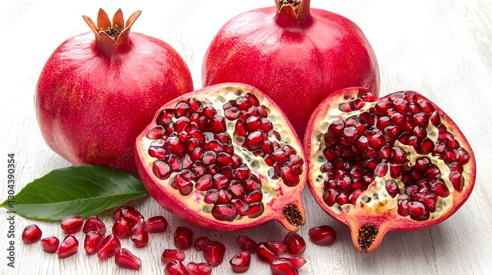 Ripe Pomegranate Halved And Whole Fruits Displayed On White Wooden Background Ripe Pomegranate Halved And Whole Fruits Displayed On White Wooden Background