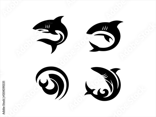 Collection of Powerful Shark Logos for Branding ,  A set of nine bold, black shark logos suitable for various branding purposes.