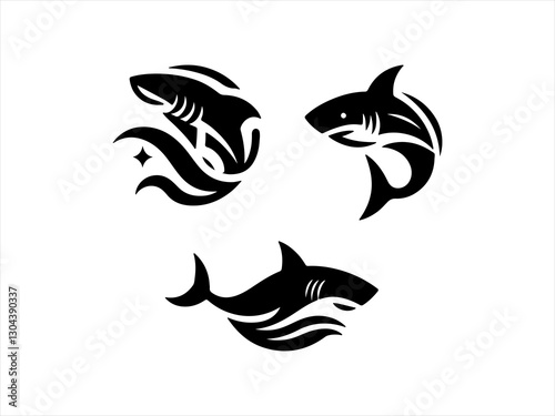 Collection of Powerful Shark Logos for Branding ,  A set of nine bold, black shark logos suitable for various branding purposes.