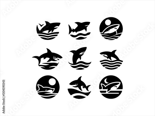 Collection of Powerful Shark Logos for Branding ,  A set of nine bold, black shark logos suitable for various branding purposes.