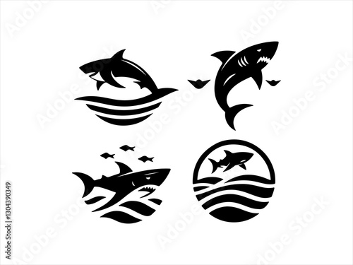 Collection of Powerful Shark Logos for Branding ,  A set of nine bold, black shark logos suitable for various branding purposes.