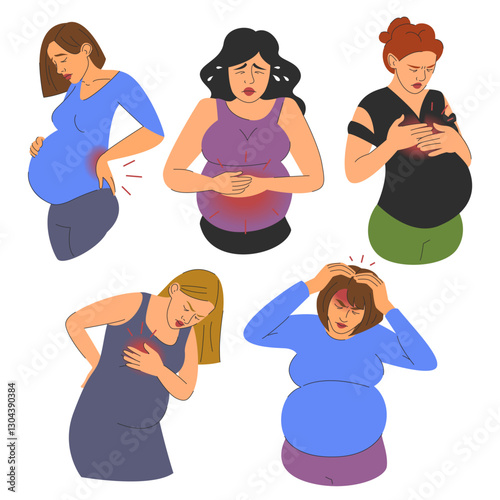 Pregnant women in pain set vector isolated. Female character experiencing painful symptoms during pregnancy. Concept of maternity, sick woman suffering. Stomachache, pain in back, migraine.