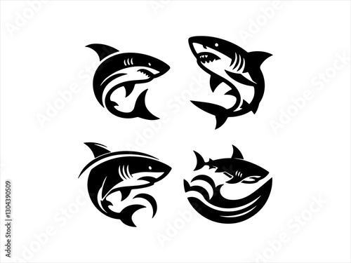 Collection of Powerful Shark Logos for Branding ,  A set of nine bold, black shark logos suitable for various branding purposes.