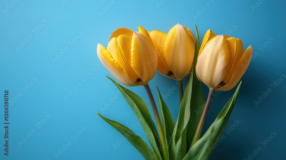 A vibrant bouquet of three delicate yellow tulips, their petals unfurling like miniature suns against a serene blue backdrop, forming the perfect centerpiece for a spring-themed poster. The soft A vibrant bouquet of three delicate yellow tulips, their petals unfurling like miniature suns against a serene blue backdrop, forming the perfect centerpiece for a spring-themed poster. The soft