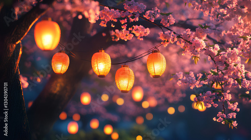 Illuminated Cherry Blossoms – Lantern-lit Sakura in a Dreamy Night