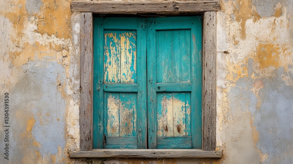Weathered turquoise wooden window with rustic frame on aged wall Weathered turquoise wooden window with rustic frame on aged wall