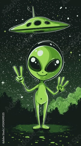 Extraterrestrial Greetings: A friendly green alien extending peace signs, accompanied by a hovering spaceship against a star-studded backdrop, offering an enchanting glimpse into the cosmos.