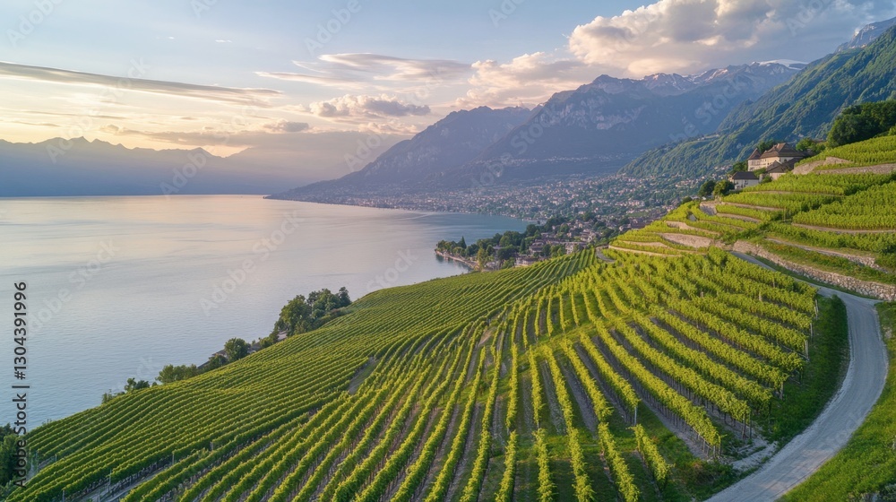 Fototapeta premium Expansive aerial view of Montreuxs vineyards, forming a stunning pattern on the slopes leading to the serene Lake Geneva.