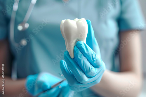 Dental professional holding a tooth model, concept: dentistry, oral surgery, dental education, dental health, , dental hygiene, dentist, teeth