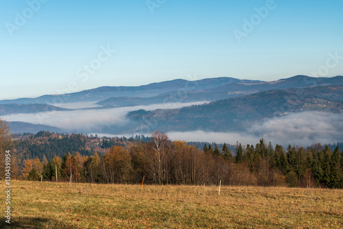 Fototapeta Naklejka Na Ścianę i Meble -  Autumn Beskid Slaski mountains from Cieslar hill on polish - czech borders