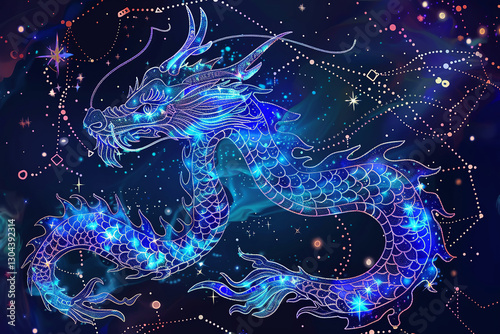 Abstract dragon illustration with glowing lines and stars representing fantasy animal astrology and cosmic mythology, concept: dragon, astrology, fantasy, cosmic, mythology