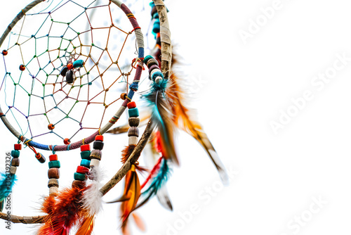 Dreamcatcher with colorful beads and feathers representing Native American culture spirituality and dream protection, concept: dreamcatcher, beads, feathers, Native American,