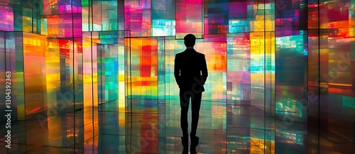 Man in Suit Stands Against Colorful Abstract Backdrop