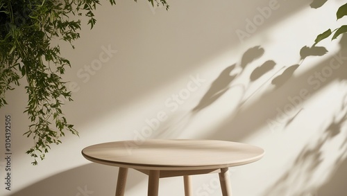 Elegant Home Decor – Sun-Kissed Wooden Table with Plants