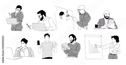 Set of business men and women working in office. Business concept illustrations. Modern simple outline vector drawing for graphic and web design. Isolated