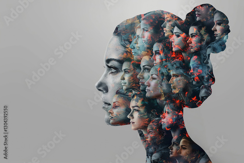 Woman silhouette filled with people illustration, concept: community, , diversity, identity, inclusion