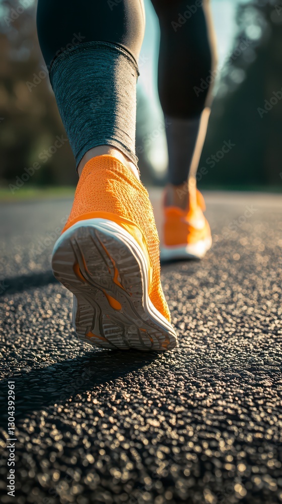Pounding the Pavement: A close-up captures the determined stride of a runner on a sunlit road, showcasing the power and energy of motion and the beauty of the outdoors. Pounding the Pavement: A close-up captures the determined stride of a runner on a sunlit road, showcasing the power and energy of motion and the beauty of the outdoors.