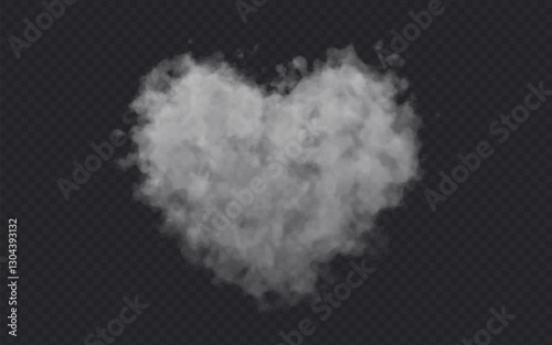 Heart Shaped Smoke effect on transparent dark background. Fog gray love cloud .