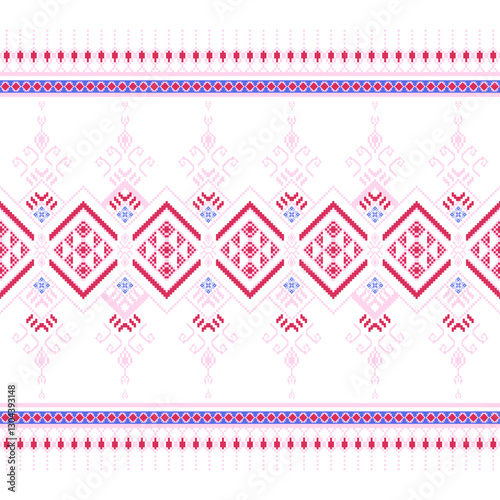 Ukrainian style cross stitch. Geometric patterns. Red, pink, blue. Vector illustration of floral pixel pattern. Traditional ethnic pattern suitable for fabric printing design, sweaters, sewing ideas.