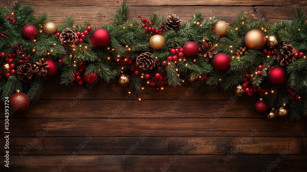 A rustic Christmas backdrop, adorned with the warm glow of light wood fir branches, twinkling ornaments, and the vibrant hues of red and gold beads, offering a cozy and inviting atmosphere. A rustic Christmas backdrop, adorned with the warm glow of light wood fir branches, twinkling ornaments, and the vibrant hues of red and gold beads, offering a cozy and inviting atmosphere.
