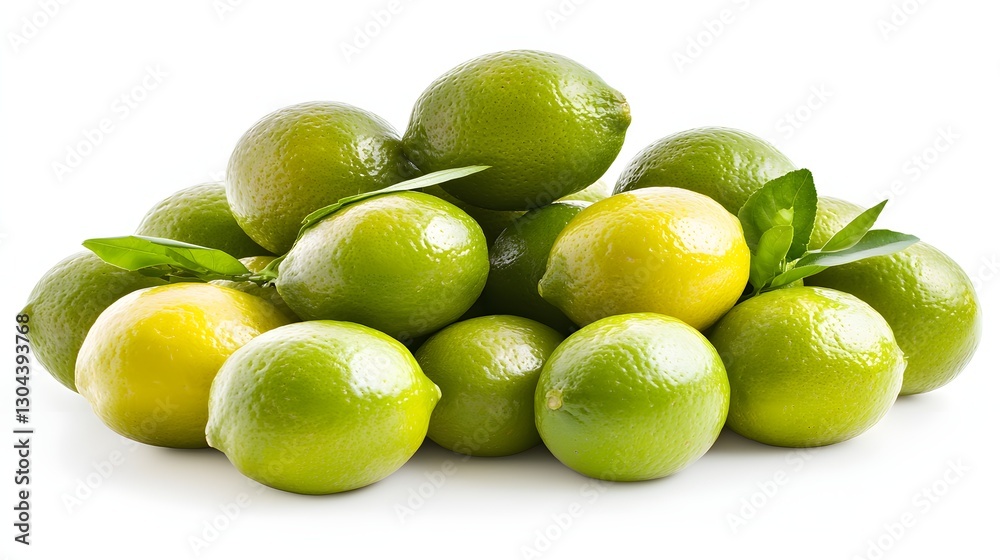 Fresh Green Limes and Yellow Lemons Piled Together on a White Background with Water Droplets Fresh Green Limes and Yellow Lemons Piled Together on a White Background with Water Droplets