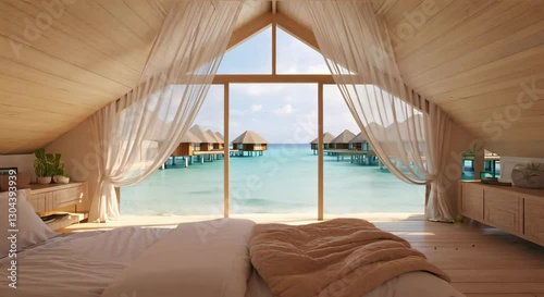 Warm Sunrise and Overwater Bungalows from a Private Suite, looping 4k time-lapse virtual video animation Generated AI.