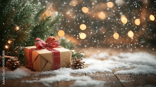 A rustic Christmas backdrop features a snow-laden fir tree, its branches adorned with twinkling lights, and a wrapped gift box nestled beneath its needles, inviting viewers to envision their own